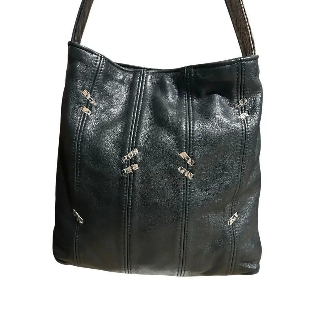 Black Leather Slouchy Hobo Bag Snakeskin Strap Silver Ring Hardware Y2K
